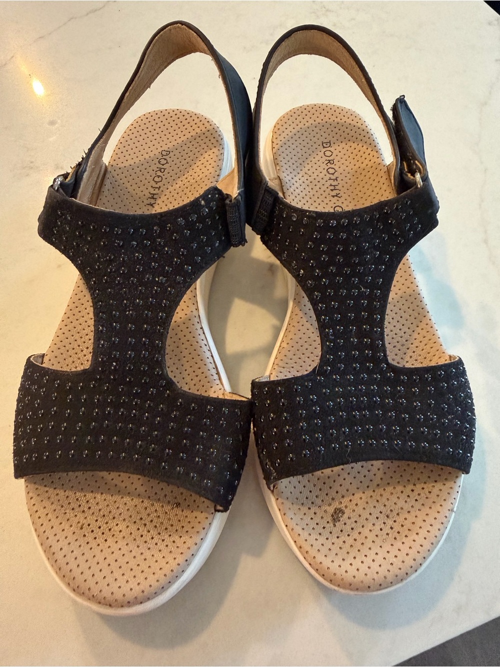 Dorothy Gaynor Black Rhinestone T-Strap Comfort Sandals